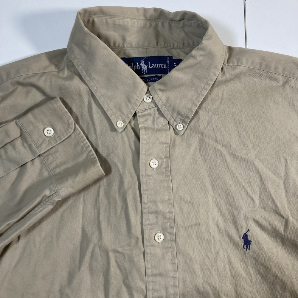 VTG Ralph Lauren Shirt‎ XL (2XL, 3XL) Beige Long Sleeve Button Oxford Pony 90s